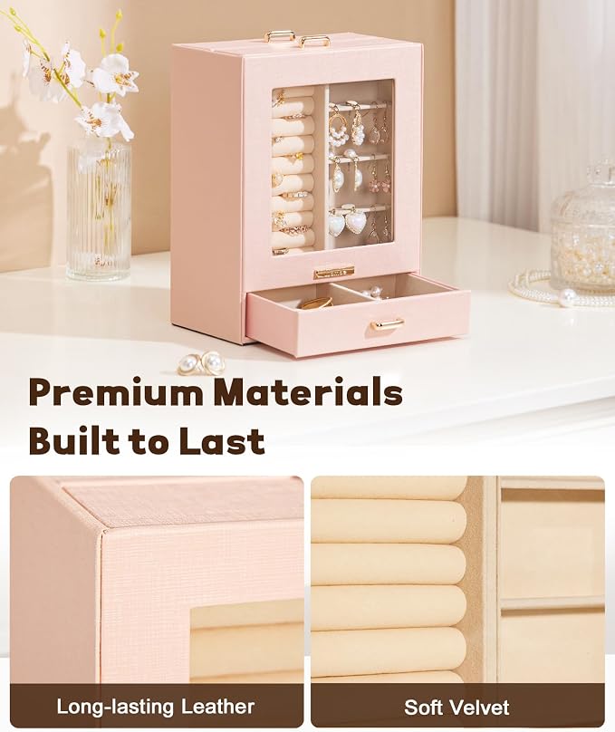 Homde Display Jewelry Box for Girls: Starter Organizer with Clear Window | Vertical Drawers for Earrings Rings Necklaces - Compact Footprint Fits Small Vanities - Birthday&Graduation Gift for Teens