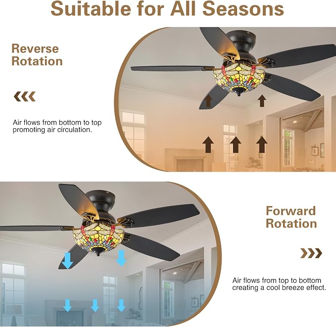 Tiffany Ceiling Fans with Lights - 48" Ceiling Fan Chandelier with 5 Dual-Blades and Glass Shade, 6 Speeds and Reversible, Indoor and Outdoor, Retro Style