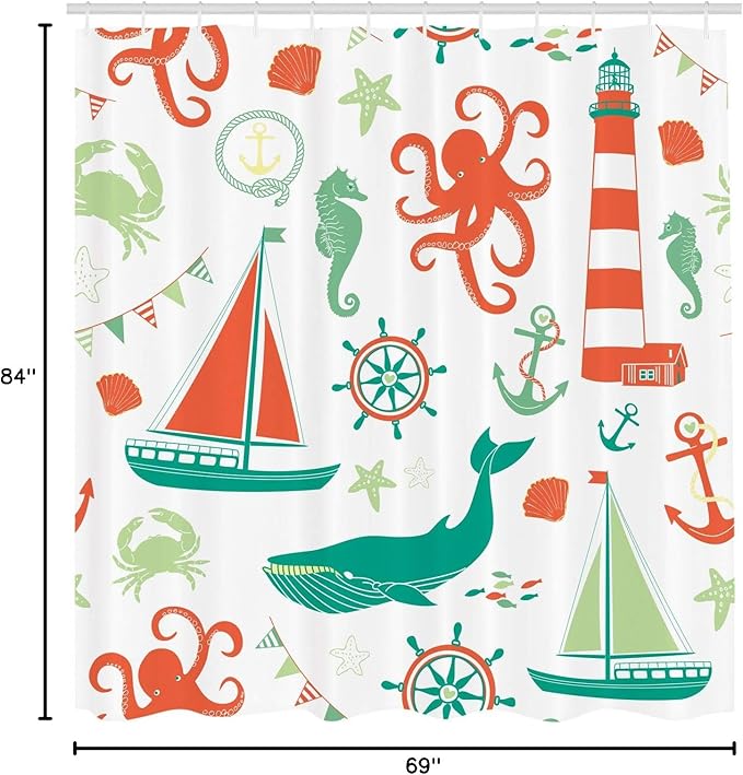 Ambesonne Nautical Shower Curtain, Pastel Colored Composition of Lighthouse Sailboat Fish Shells Octopus, Cloth Fabric Bathroom Decor Set with Hooks, 69" W x 84" L, Vermilion Teal