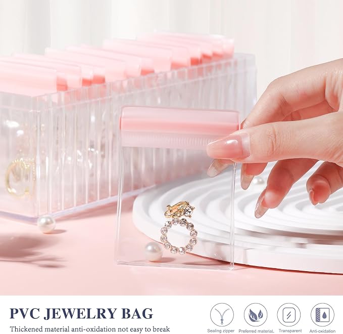 HOMEHIVE Acrylic Jewelry Box Organizer, Clear Jewelry Organizer Holder with 20 Portable Anti Tarnish Jewelry bags, Travel Jewelry Case for Earrings/Rings/Necklaces for Women Girls, Pink