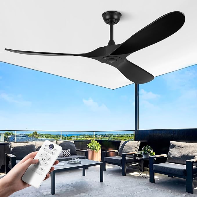 ABZ Ceiling Fans without Lights - 60 Inch Ceiling Fan no Light, Black 3 Blade Solid Wood Indoor Outdoor Ceiling Fan with Remote Control for Patios Living Room Bedroom