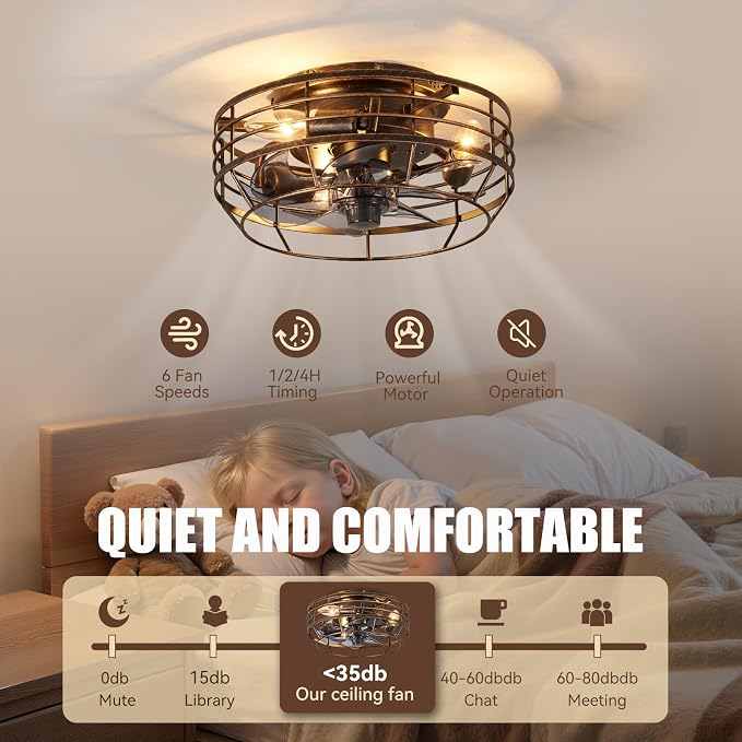 Farmhouse Caged Ceiling Fan with Light, Remote Control Flush Mount Fan Lights Ceiling Fixtures 12 In, 6 Speeds Bladeless Quiet Reversible Motor Indooor Lights for Living Room, Bedroom, Black and Gold