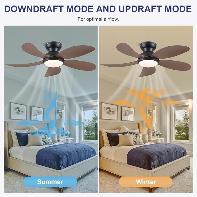 PHORUS 42" Brown Modern Low Profile Ceiling Fans with Lights and Remote | Super Large Airflow with 6 Wind Speeds, Reversible, Dimmable 3 CCT LED, 30W Noiseless DC Motor,Timer, for Bedroom Kitchen