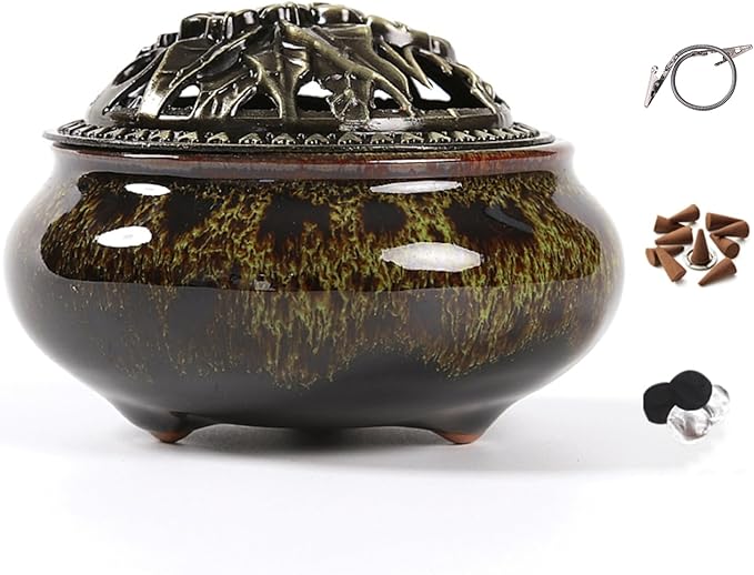 Incense Burner with Calabash Incense Stick Holder - Porcelain Charcoal Censer for Use with Resin Granular Powder Cone or Coil Incense (Fambe Green)