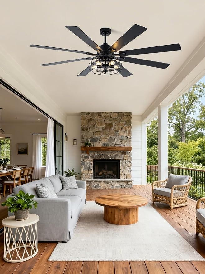 72 Inch Industrial Farmhouse Ceiling Fan with Lights and Remote, Black Vintage Caged Chandelier Ceiling Fan with 5 Reversible Wooden Blades for Dining Room Living Room Bedroom