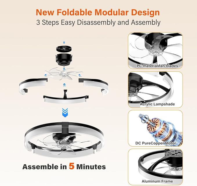 Ceiling Fans with Lights and Remote, 20'' Low Profile Ceiling Fan with APP Control, 3000K-6500K Dimmable, Quiet Reversible DC, Modern Flush Mount Fandelier for Bedroom (Black-Frosted)