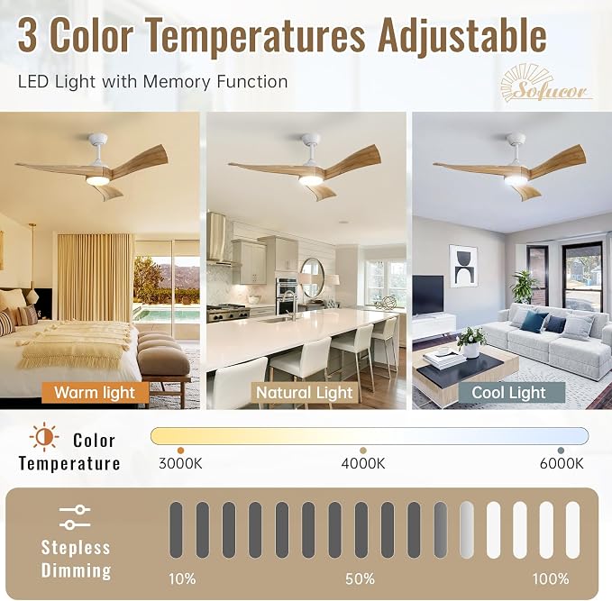 Sofucor 52 Inch Ceiling Fan with Light and Remote - 3 Solid Wood Blades, Quiet DC Motor, 6 Speeds 5000CFM, Dimmable Tri-Color LED with Memory, Timer & Reversible for Living Room, ETL, Nature Wood