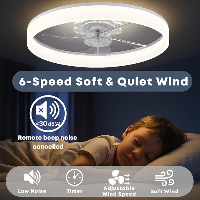 FSZDORJ 20'' Ceiling Fan with Light and Remote, Low Profile Ceiling Fan with Light, Dimmable Flush Mount Ceiling Fan Light, 6 Speeds Fan, App&Remote Control, Fandelier Quiet Fan for Bedroom F116 White