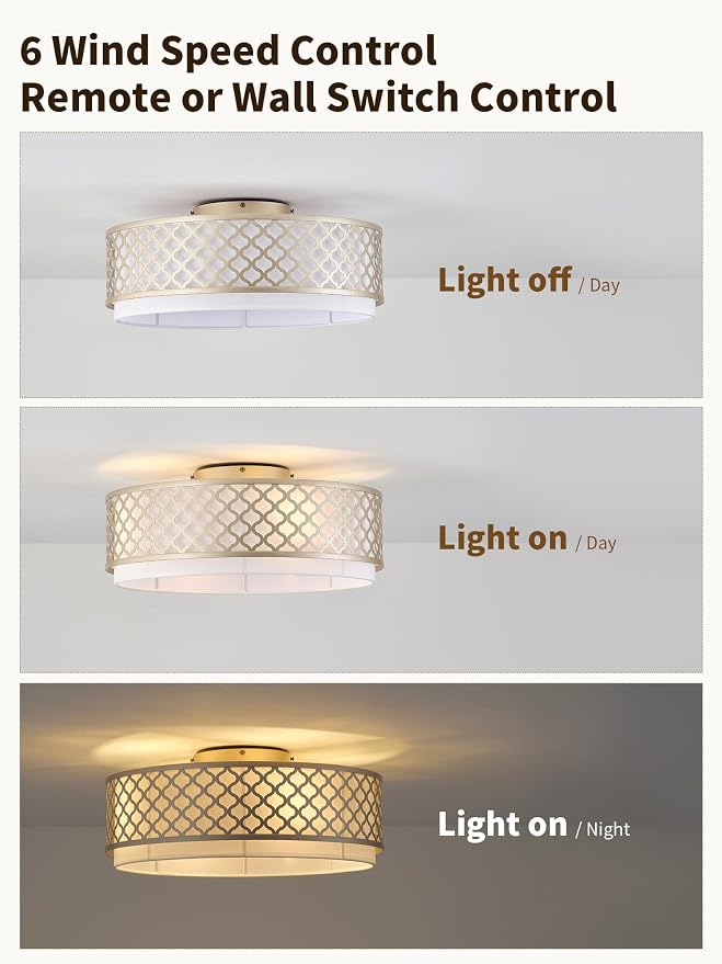 20" Gold Flush Mount Ceiling Fan with Light, Boho Ceiling Fans with Lights, Enclosed with Remote Control 6 Speeds for Living Room, Bedroom, Nursery
