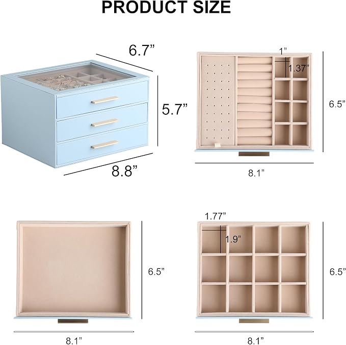 Frebeauty Jewelry Box for Women,Clear Lid Jewelry Organizer with 3 Drawers | Faux Leather,Velvet Lining,3 Layers,Jewelry Storage for Ring Earring Stud,Dustproof Design,Gift Choice,Golden Stylish Handle