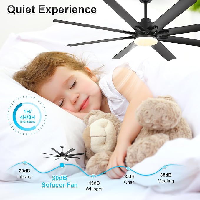 Sofucor 66" Smart Ceiling Fans with Lights, Indoor/Outdoor Ceiling Fan with Light and Remote, Compatible with Alexa/Google/App, Reversible DC Motor, 8 Blade Black Ceiling Fan Light for Patio Bedroom