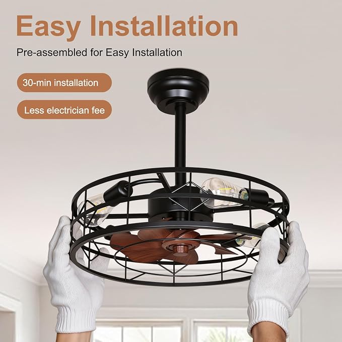 TCL 20 Inch Caged Ceiling Fans with Lights and Remote, Low Profile Flush Mount Fandelier, Rustic Farmhouse Style Ceiling Fans for Bedroom,Kitchen,Living Room,Easy to Install