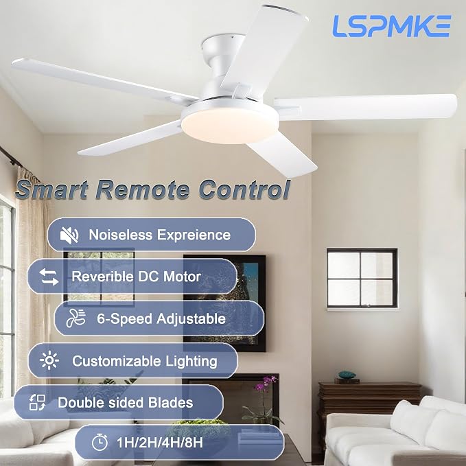 Ceiling Fans with Lights, 52 inch Flush Mount Ceiling fan with Remote Control, Low Profile Ceiling Fan for Bedroom, Farmhouse, Reversible, 3CCT, Dimmable, Noiseless DC Motor, White