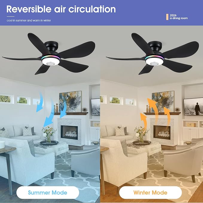 Kviflon 46" Ceiling Fans with RGB Lights Remote/APP Control, Low Profile, 3 CCT Dimmable White Lights+RGB Ring Lights+Music Player, 5 Reversible Plastic Blades 6 Speeds for Kidsroom, Black
