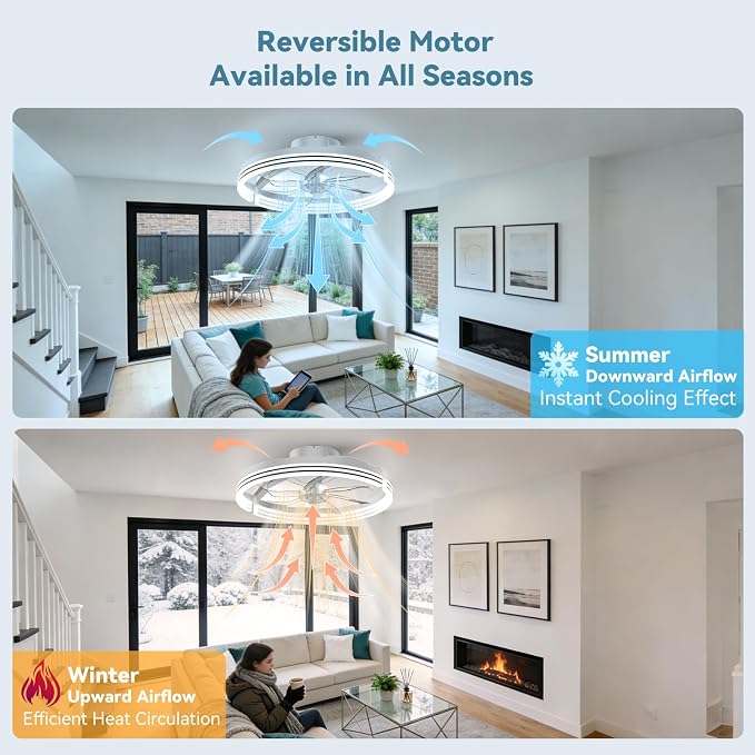 AIKVSXER Ceiling Fans with Lights and Remote, 20'' Low Profile Ceiling Fan with APP Control, 3000K-6500K Dimmable, Quiet Reversible DC, Modern Flush Mount Fandelier for Bedroom (White-Stripe)