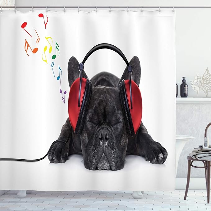 Ambesonne Dog Lover Shower Curtain, Bulldog Listening to Music Earphones While Relaxing Sleeping Print, Cloth Fabric Bathroom Decor Set with Hooks, 69" W x 70" L, Black White Red