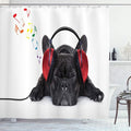 Ambesonne Dog Lover Shower Curtain, Bulldog Listening to Music Earphones While Relaxing Sleeping Print, Cloth Fabric Bathroom Decor Set with Hooks, 69" W x 70" L, Black White Red