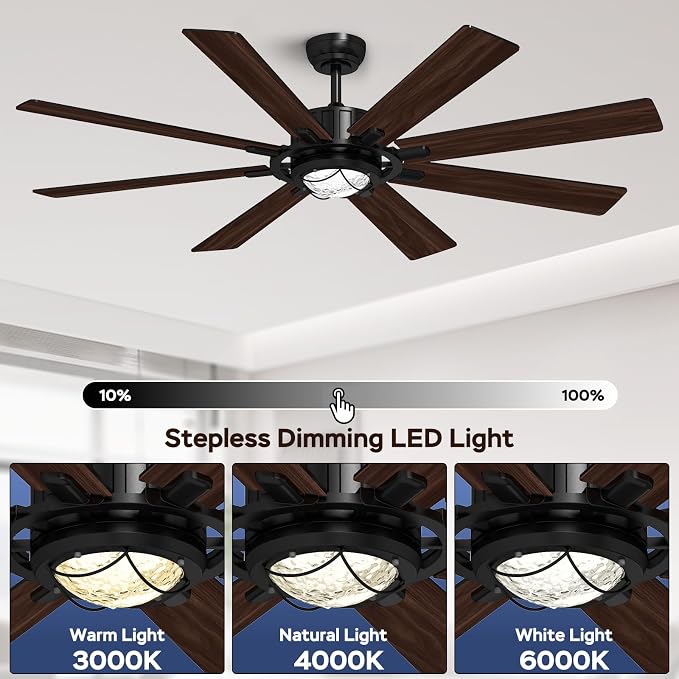 TALOYA 62 Inch Ceiling Fans with Lights and Remote Flush Mount Low Profile for Living Room Farmhouse Bedroom Patio Outdoor Dining Room,DC Motor,Reversible,Buzzer Mute,Dimmable Led Light,Rustic,Black