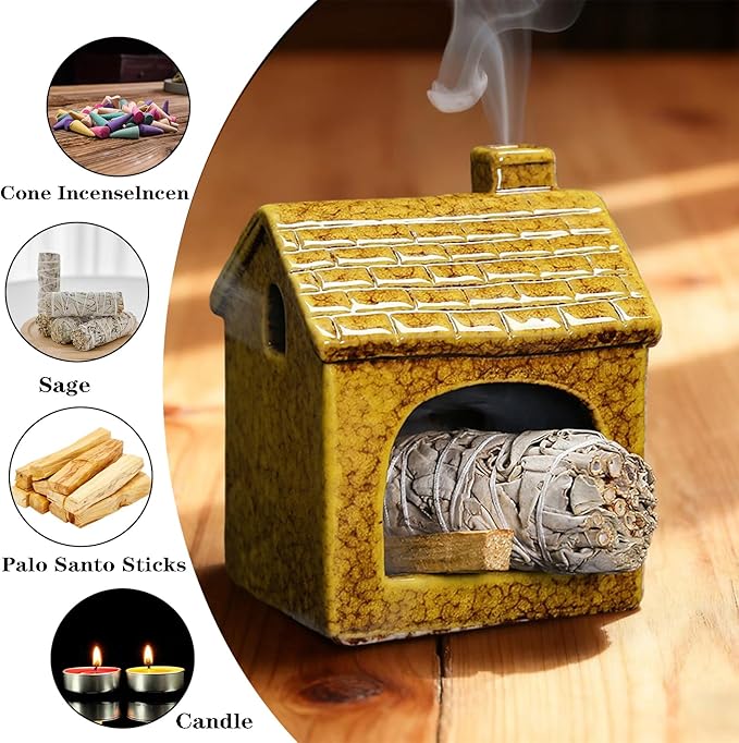 Ceramic Mini Chiminea Palo Santo Burner | Sage & Incense Cone Holder | Stable Smudge Bowl for Zen Altar, Meditation, Yoga | Home Decor & Gift (Yellow)