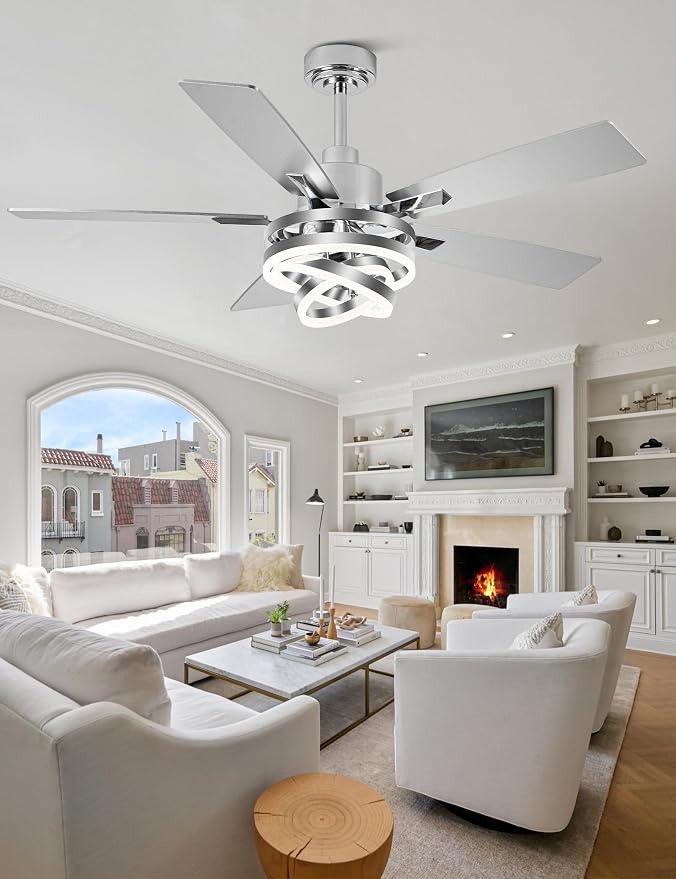 52" Modern Chandelier Fandelier Ceiling Fan with Light | DC motor, reversible, dimmable, 3 adjustable rings for DIY shape; recommended for bedroom, living room, and indoor use.