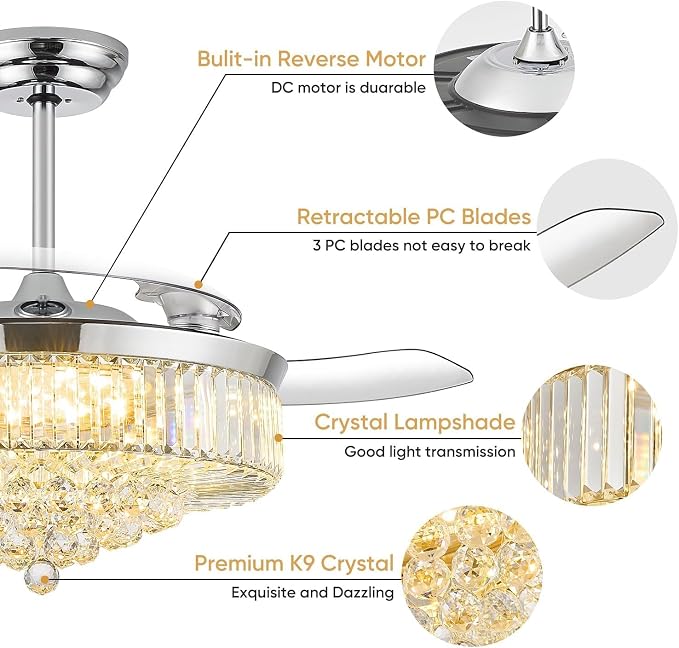 52 Inch Fandelier Ceiling Fan with Light, Chandelier Ceiling Fan for Bedroom Living Room, 3 Color Temperature, 6 Wind Speed. Reversible Motor, Memory Function-Chrome