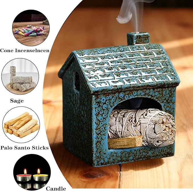Ceramic Mini Chiminea Palo Santo Burner | Sage & Incense Cone Holder | Stable Smudge Bowl for Zen Altar, Meditation, Yoga | Home Decor & Gift (Blue)