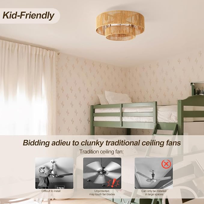 20 Inch Boho Caged Ceiling Fans with Lights Flush Mount, Boho Rattan Fandelier Ceiling Fan with Light Remote Control with Reversible 6 Speeds for Bedroom, Nursery, Living Room, E12 Base,Indoor