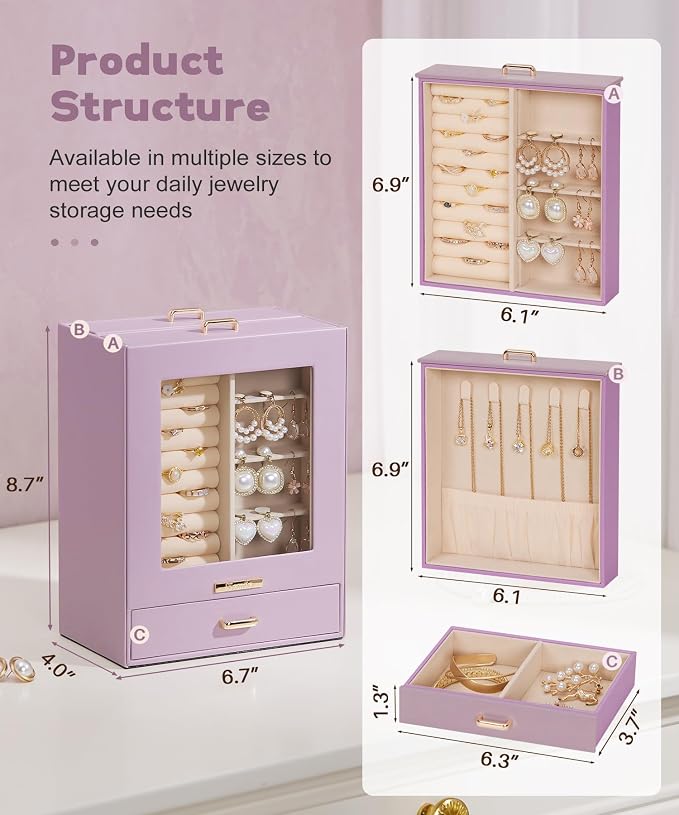 Homde Display Jewelry Box for Girls: Starter Organizer with Clear Window | Vertical Drawers for Earrings Rings Necklaces - Compact Footprint Fits Small Vanities - Birthday&Graduation Gift for Teens
