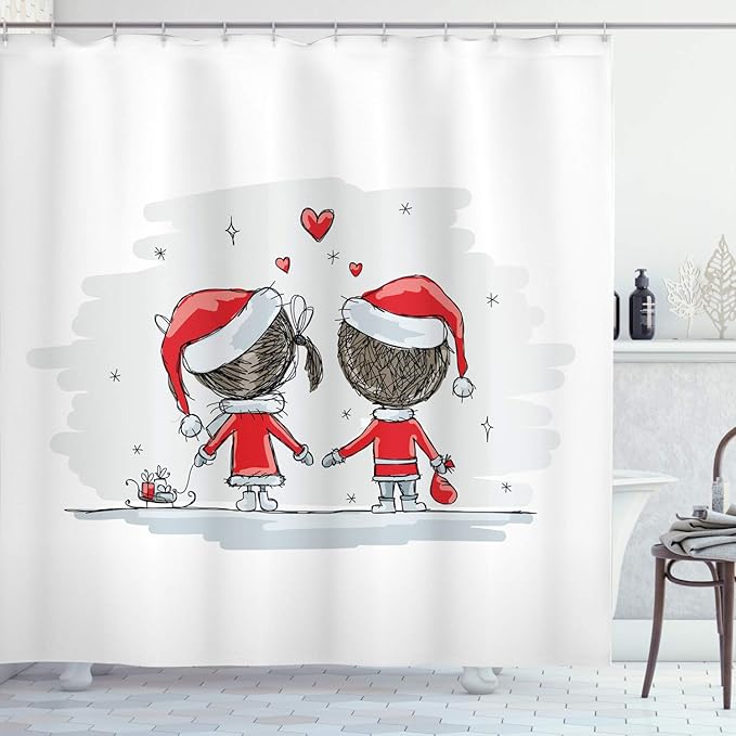 Ambesonne Christmas Shower Curtain, Soul Mates Love with Santa Costume Family Romance in Winter Night Picture Print, Cloth Fabric Bathroom Decor Set with Hooks, 69" W x 70" L, Red White
