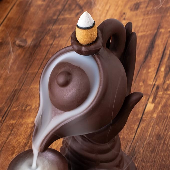 Waterfall Incense Burner Buddha Hand Backflow Incense Waterfall Burner Smoke Incense Holder Waterfall with 100 Incense Cones 10 Kind of Scents