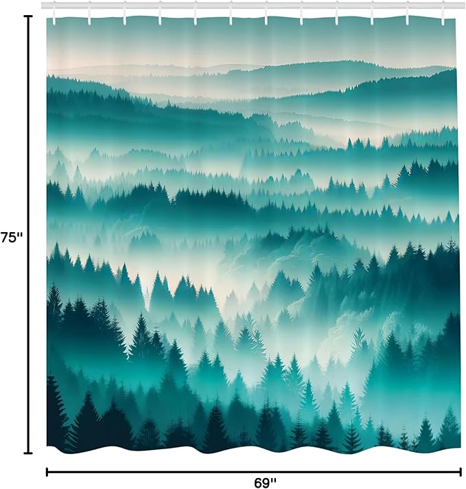 Ambesonne Turquoise Shower Curtain, Green Tones Misty Woodland Scenery Featuring Mountain Range Landscape, Cloth Fabric Bathroom Decor Set with Hooks, 69" W x 75" L, Dark Seafoam Dark Teal
