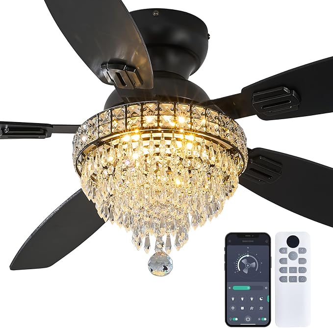 Crystal Ceiling Fan Fandelier with Lights-Ceiling Fans with Lights,54" Low Profile and Remote Control, Flush Mount, Reversible, Dimmable, Noiseless, Black Ceiling Fan for Bedroom