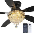 Crystal Ceiling Fan Fandelier with Lights-Ceiling Fans with Lights,54" Low Profile and Remote Control, Flush Mount, Reversible, Dimmable, Noiseless, Black Ceiling Fan for Bedroom