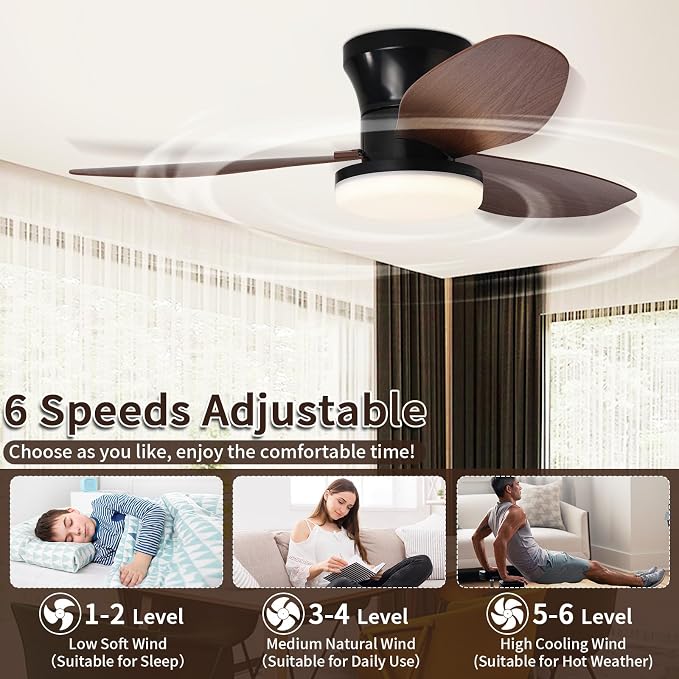 Small Ceiling Fan with Light and Remote, 32'' Flush Mount, 6 Speeds | Reversible Quiet DC Motor,Modern,3 Blades,Dimmable LED,Adjustable Color Temperature,Timer for bedroom Kitchen indoor outdoor