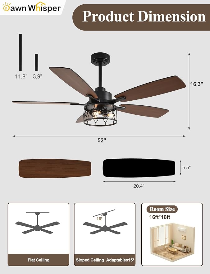 Dawn Whisper 52 Inch Black Ceiling Fans with Lights Farmhouse Ceiling Fan with Remote for Bedroom Living Room Caged Classic Chandelier Fan for Indoor(NO Bulbs