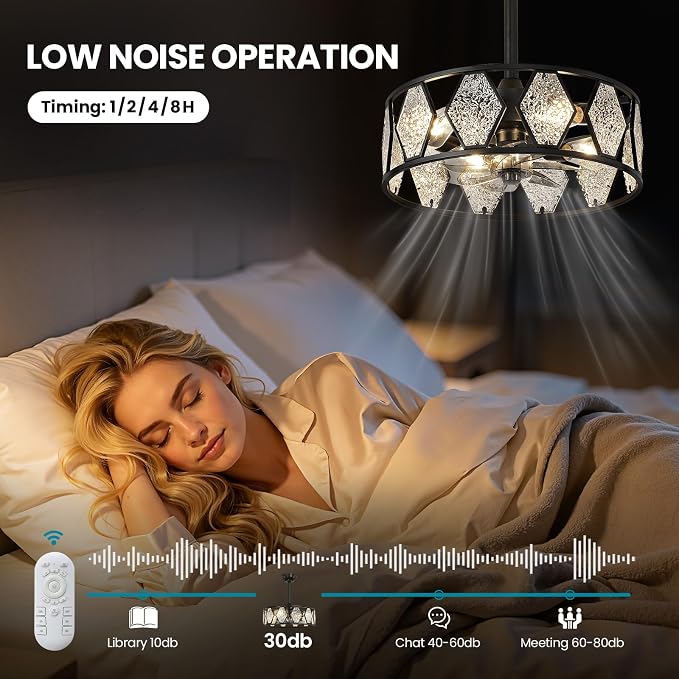 Crystal Caged Ceiling Fans Lights: 18.9'' Farmhouse Fandelier Ceiling Fan with Remote 6 Speeds Black Semi Flush Mount Industrial Chandelier Modern Low Profile Ventilador de Techo for Bedroom Kitchen