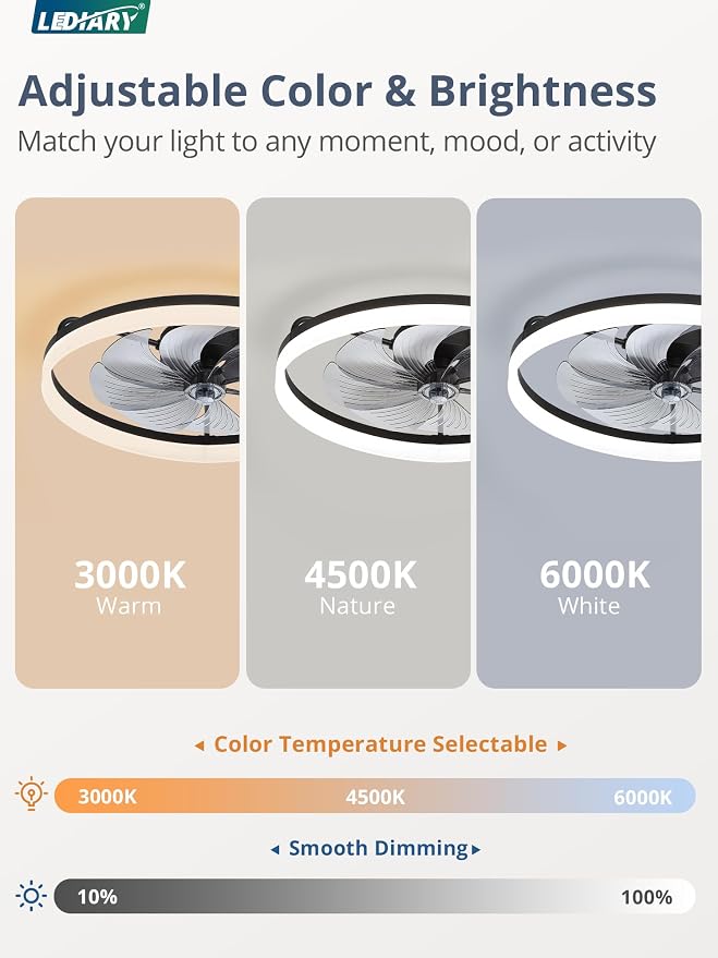 LEDIARY Ceiling Fans with Lights, 23 inch Low Profile Flush Mount Ceiling Fan, Dimmable LED, APP & Remote Control, Quiet Reversible DC Motor, 6 Speeds, Fandelier for Bedroom, Black