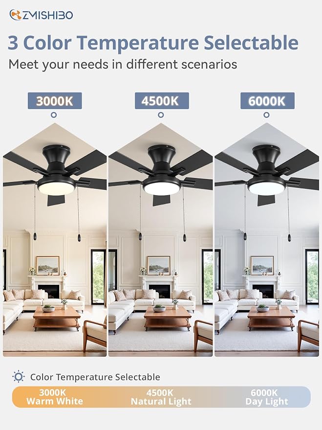 ZMISHIBO Ceiling Fans with Lights, Low Profile Ceiling Fan with Pull Chain and Remote Control, Flush Mount, Reversible, Dimmable, Noiseless, White Pull Cord Ceiling Fan for Bedroom(42inch Black)