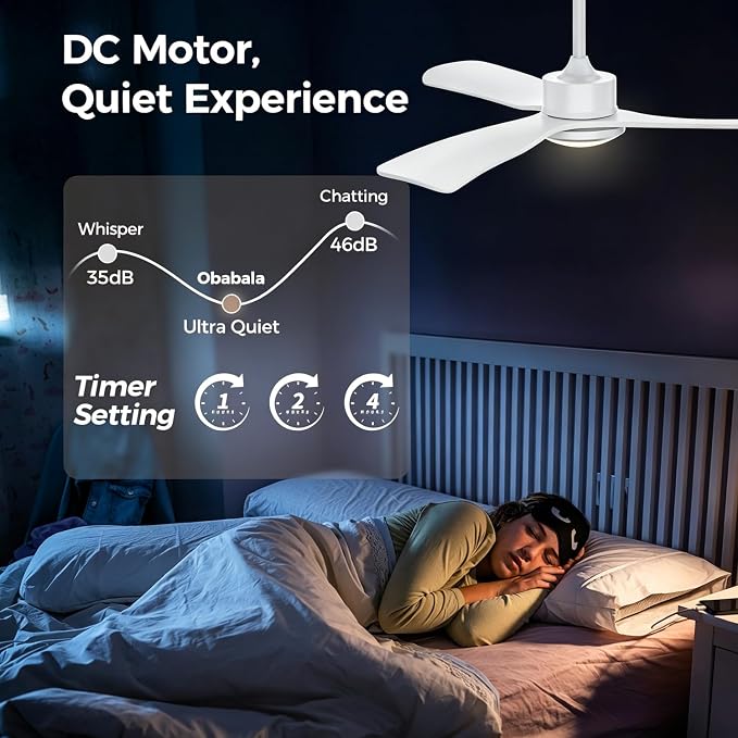 Obabala 52 Inch Ceiling Fan with Light and Remote,Solid Wood Blades, DC Motor Quiet 35dB, Dimmable LED Reversible for Bedroom Living Room Indoor Outdoor, 6 Speed Timer Downrod