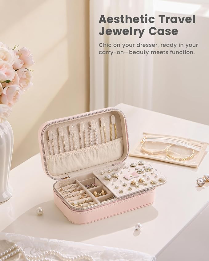 Lolalet Travel Jewelry Case for Women Girls, PU Leather Jewelry Organizer with Clear Storage Bag Small Portable Jewelry Box for Necklace Bracelet Earring Ring Birthday Bridesmaid Gifts -Medium/Pink