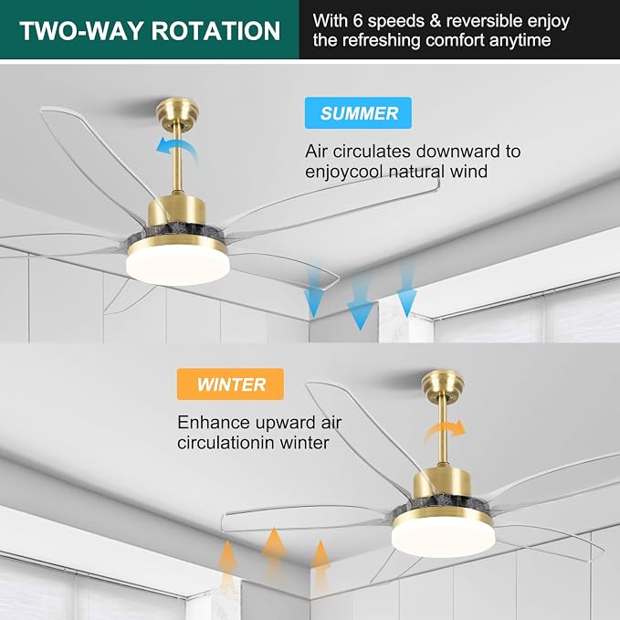 OKELI Clear Ceiling Fan with Light, 58 Inch Gold Transparent Ceiling Fans with Light and Remote 3 Reversible Blade LED Ceiling Fan and Light Combo for Living Room, Bedroom, Patio