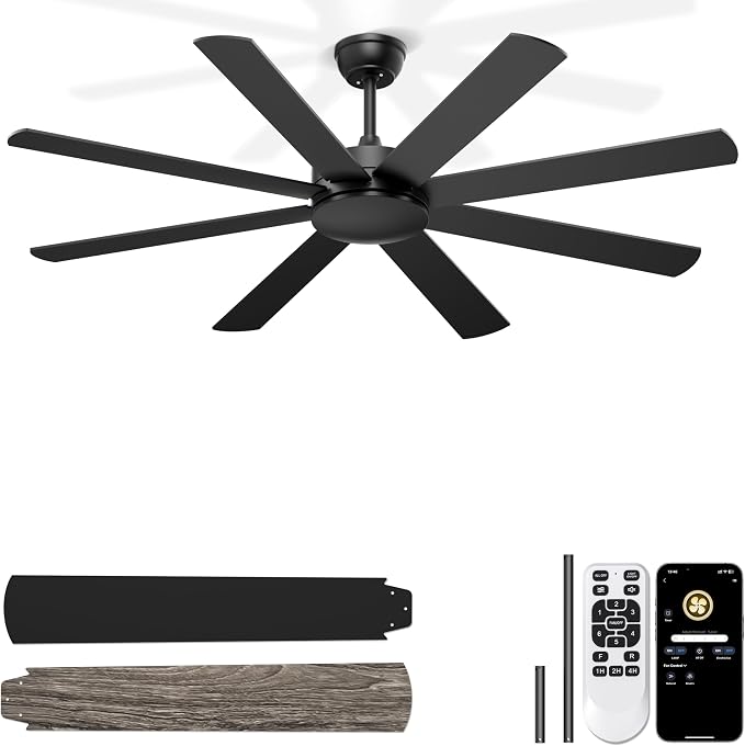 60'' Black Ceiling Fan No Lights for Indoor/Covered Outdoor | Remote/APP Control, 5980 CFM Airflow, Quiet DC Motor, Reversible Airflow, 8 Blades Modern Overhead Fan for Patio, Garage