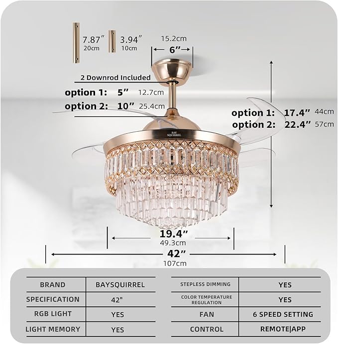 Retractable Crystal Ceiling Fan with Lights and Remote/APP Control, Bluetooth Ceiling Fan with Speaker, 6-Speed Reversible Blades, RGB Light, Invisible Fandelier for Bedroom Dinning Room 42"
