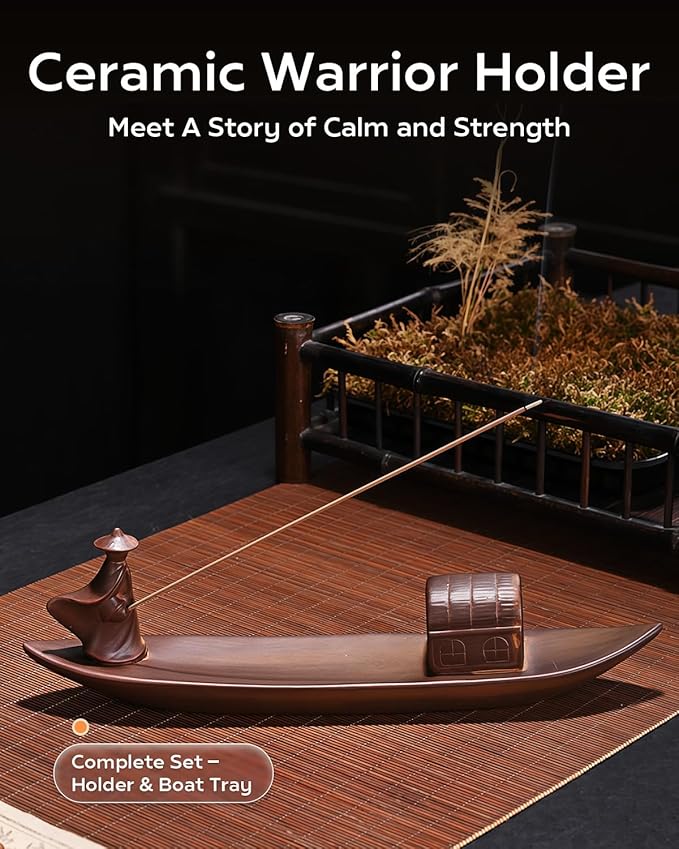 Zen Incense Holder - Ceramic Warrior Samurai on Drifting Boat, Kung Fu Master Figure for Meditation, Yoga, and Home Decor