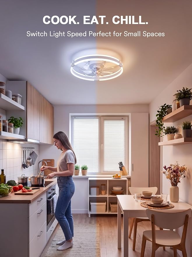 Bladeless Ceiling Fan with Light, 20 Inch Low Profile Flush Mount Fan White | Modern Small Ceiling Fan with Dimmable Light, 6 Speeds, Reversible Airflow, App and Remote Control for Dedroom Liveroom