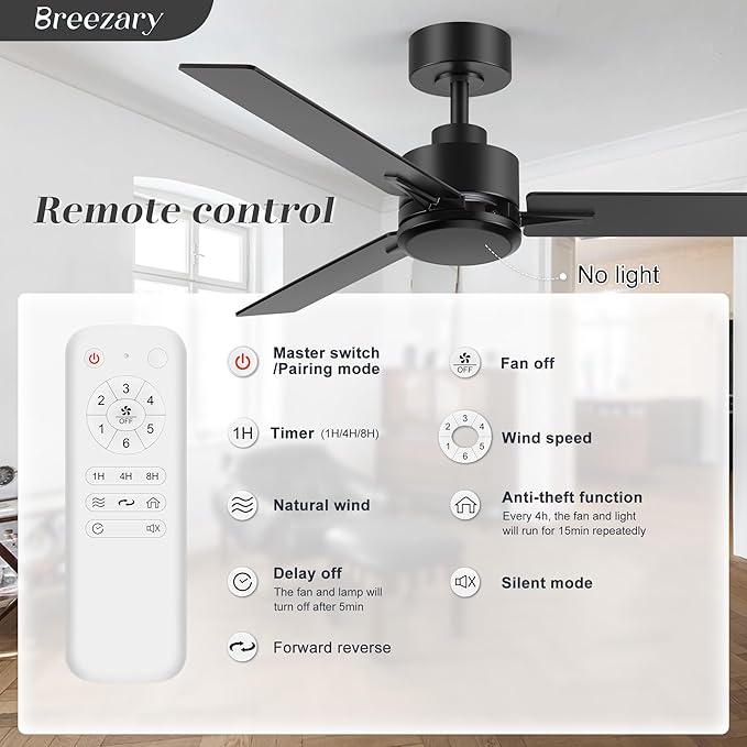 2 Pack 48 Inch Ceiling Fans without Light Remote Control, 6-Speed, Quiet Reversible DC Motor, 3-Blade, Industrial Indoor/Outdoor Ceiling Fan No Light for Living Room Patio, Black