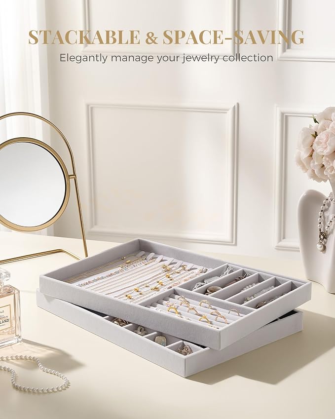 Lolalet Jewelry Drawer Organizer Inserts, Stackable Velvet Tray Jewelry Storage Organizers Set Display Cases for Necklaces Bracelets Earrings Rings Chains Bangles Watches, Grey, Set of 2