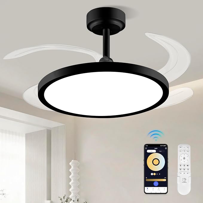 BAYSQUIRREL Slim Retractable Ceiling Fan with Lights and Remote/APP Control,6 Speed Dimmable Reversible Memory Ceiling Fan,42 inch Modern Silent Smart Ceiling Fans for Bedroom Living Room Dinning Room