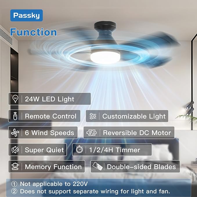 Passky Ceiling Fans with Lights, 42 inch Flush Mount Ceiling fan with Remote Control, Low Profile Ceiling Fan for Bedroom, Farmhouse, Reversible, 3CCT, Dimmable, Noiseless DC Motor, Black