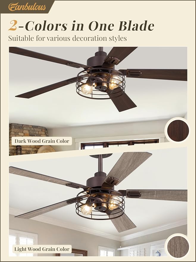 Fanbulous 1 Pack Farmhouse 48 Inch Ceiling Fans with Lights, Industrial Caged Ceiling Fans for Bedroom Living Room, Double-Sided 5 Blades Rustic Ceiling Fan-Oil Bronze